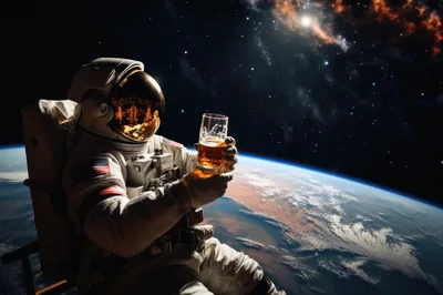 Astronaut Holding A Glass Of Beer In Outer Space