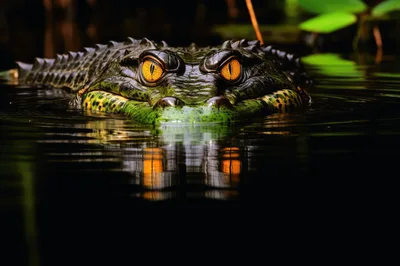 Close Up Of A Crocodile Head In Dark Water