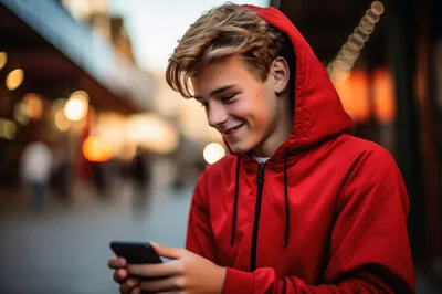 Teenage Boy Using Smartphone In City Street