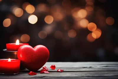 Red Heart And Candles On Wooden Table