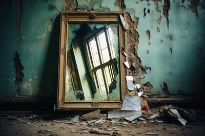 Broken Mirror Leaning Against A Dilapidated Teal Wall