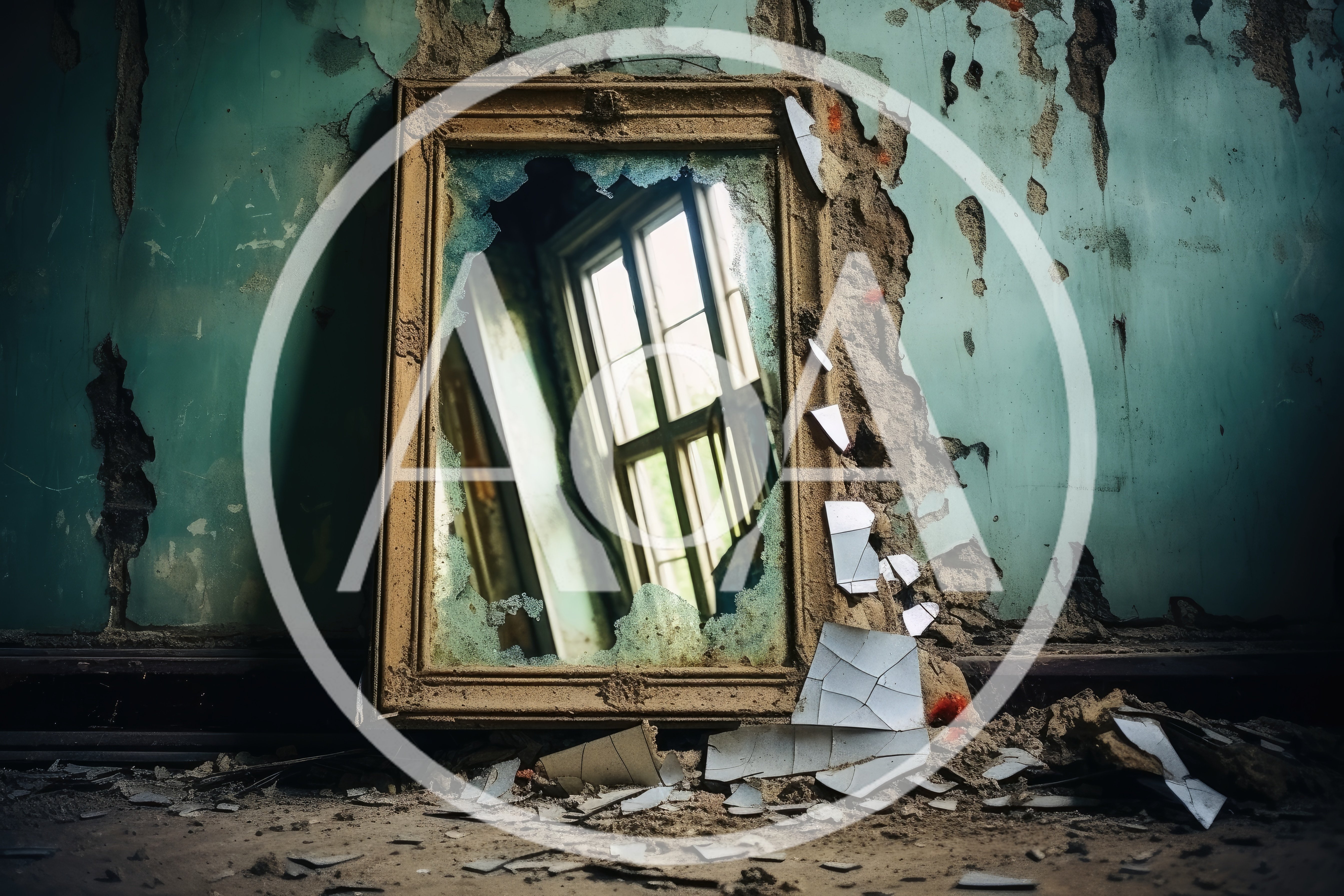 Broken Mirror Leaning Against A Dilapidated Teal Wall