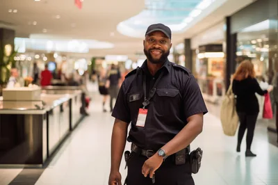 Security Guard Standing In A Modern Shopping Mall