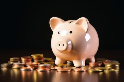 Pink Piggy Bank Surrounded By Stacks Of Coins