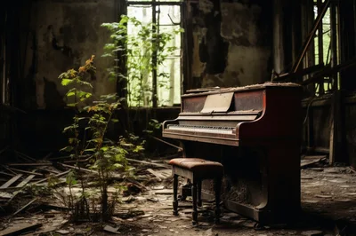 Abandoned Upright Piano In A Dilapidated Room