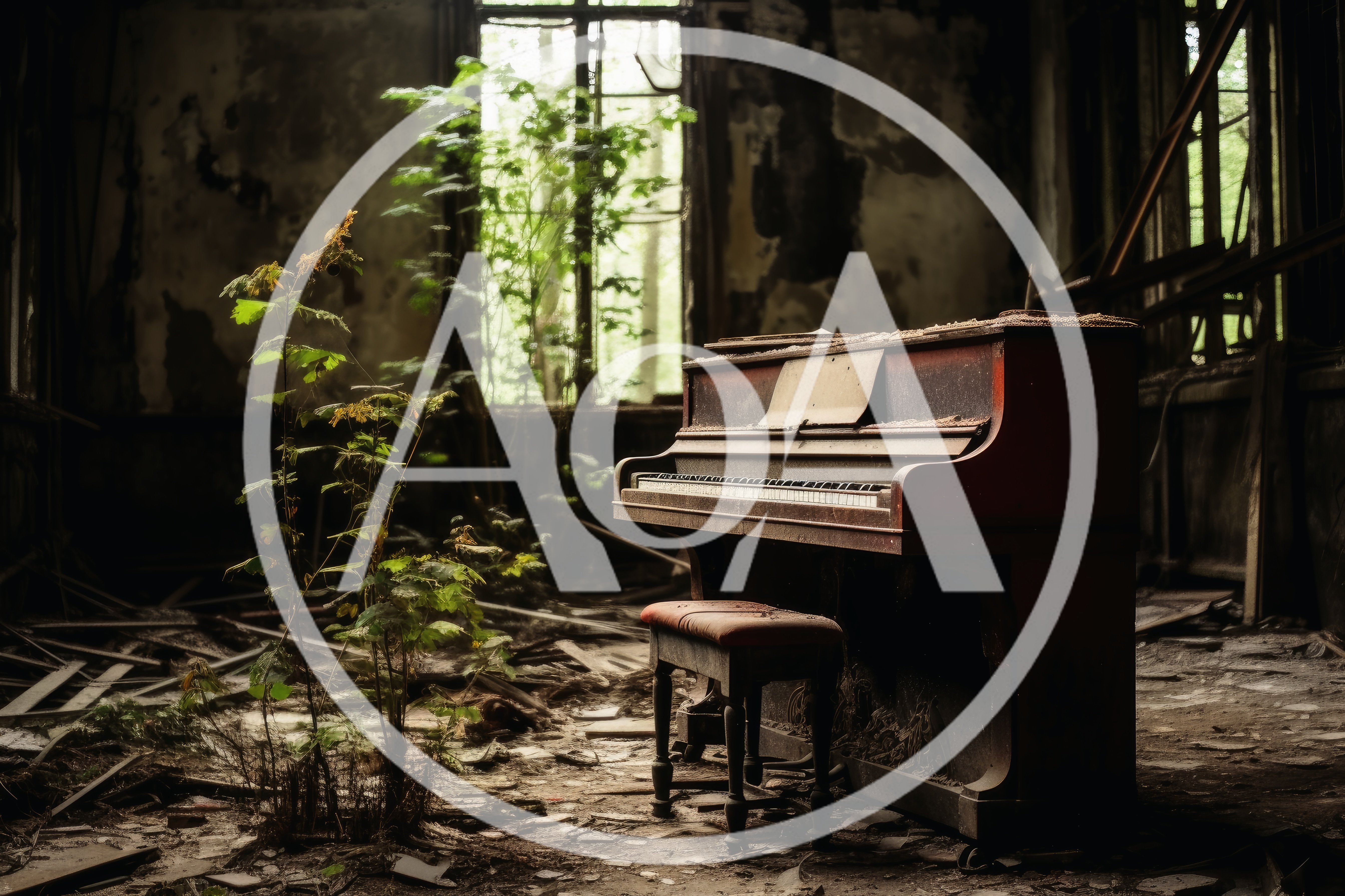 Abandoned Upright Piano In A Dilapidated Room