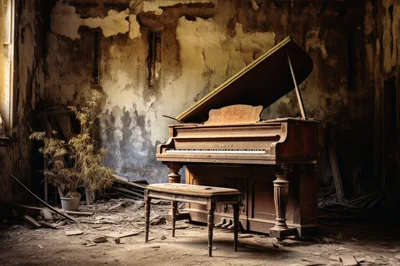 Abandoned Grand Piano In A Dilapidated Room