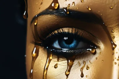 Close Up Of Human Eye With Golden Liquid Drips