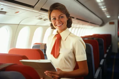 Smiling Flight Attendant Standing In Airplane Cabin