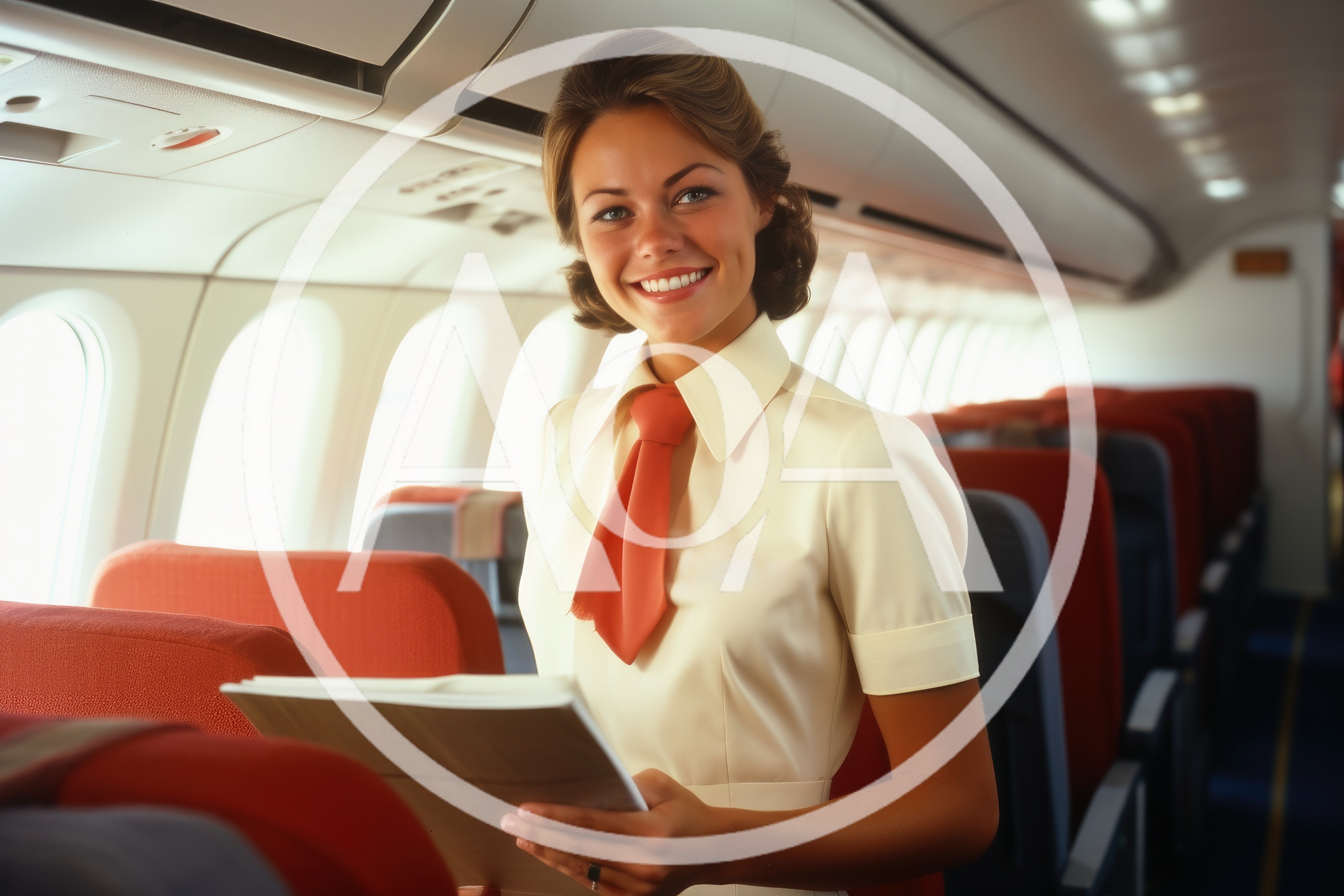 Smiling Flight Attendant Standing In Airplane Cabin