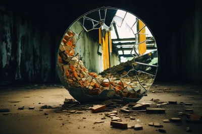 Broken Circular Mirror In Abandoned Industrial Building