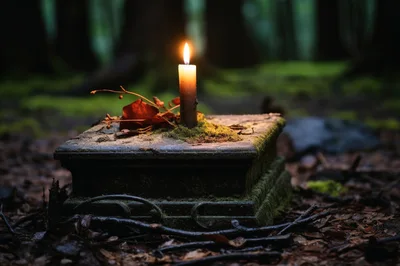 Lit Candle On Mossy Stone Pedestal In Forest