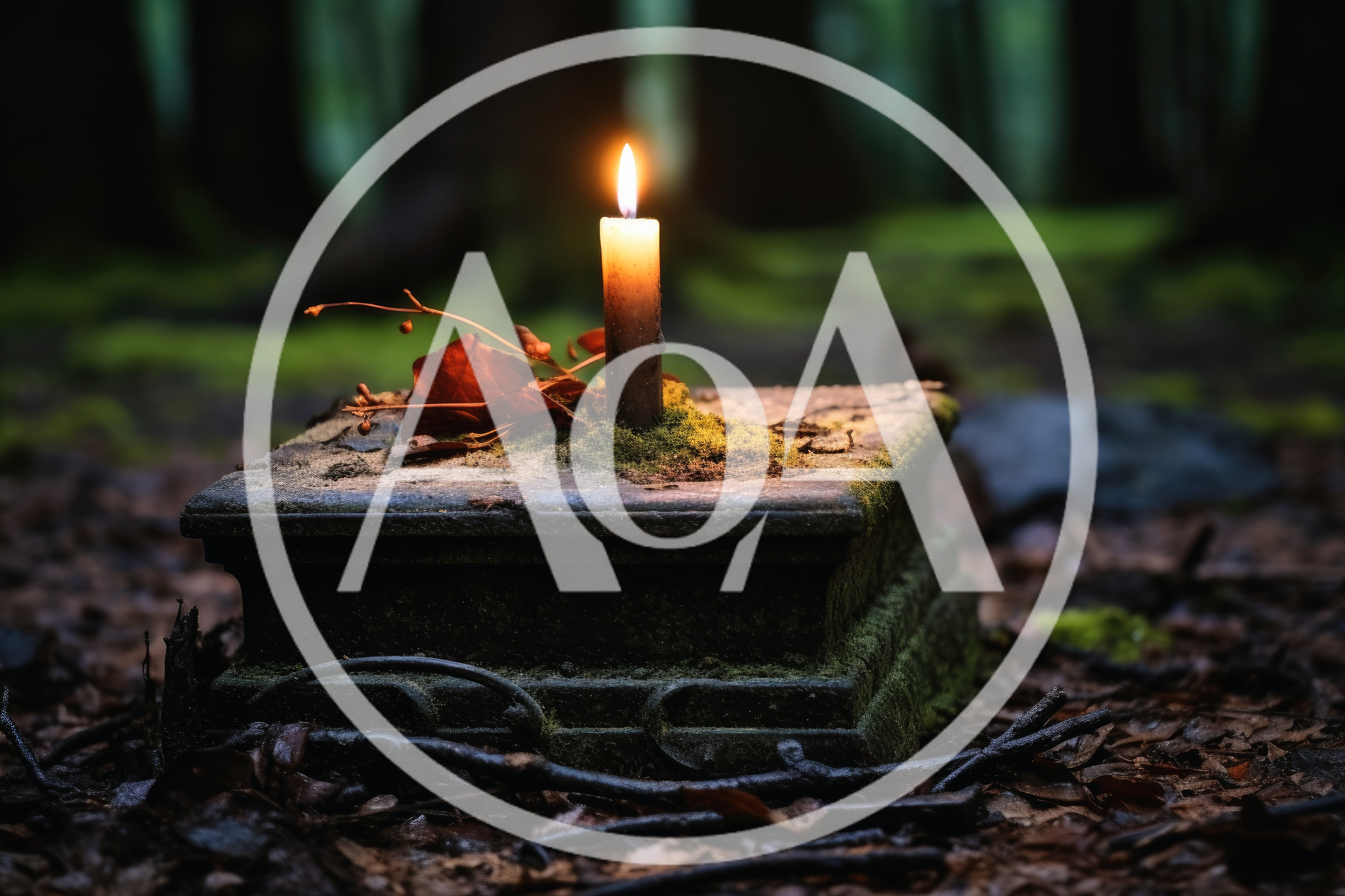 Lit Candle On Mossy Stone Pedestal In Forest