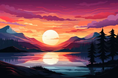 Vibrant Sunset Over Mountain Lake Landscape
