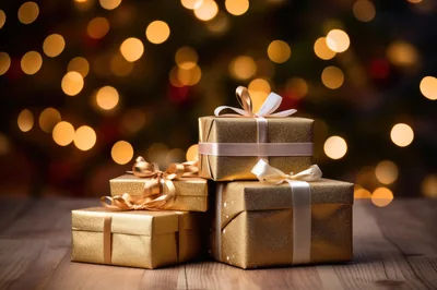 Stack of Golden Christmas Gift Boxes