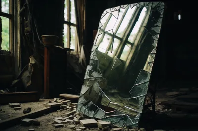 Broken Mirror Standing In An Abandoned Dilapidated Room