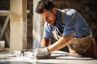 Artisan Craftsman Sanding Stone Surface In Workshop