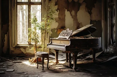 Abandoned Grand Piano In A Dilapidated Room