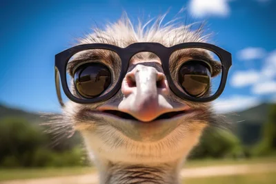 Close Up Portrait Of An Ostrich Wearing Glasses