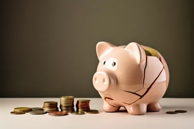 Cracked Pink Piggy Bank With Stacks Of Coins