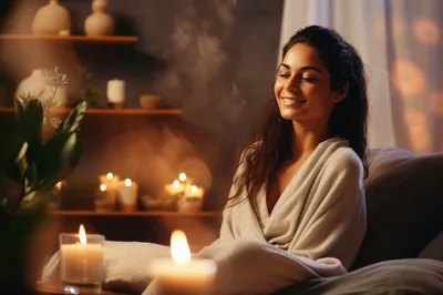 Relaxed Woman Enjoying A Cozy Spa Evening At Home