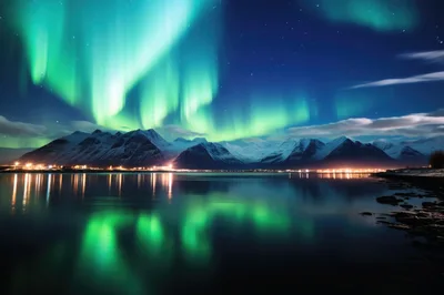 Aurora Borealis Over Snowy Mountains And Coastal Town