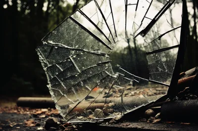 Shattered Glass Pane Resting On Forest Ground