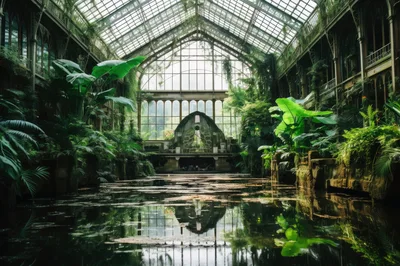 Abandoned Greenhouse With Overgrown Tropical Plants And Water