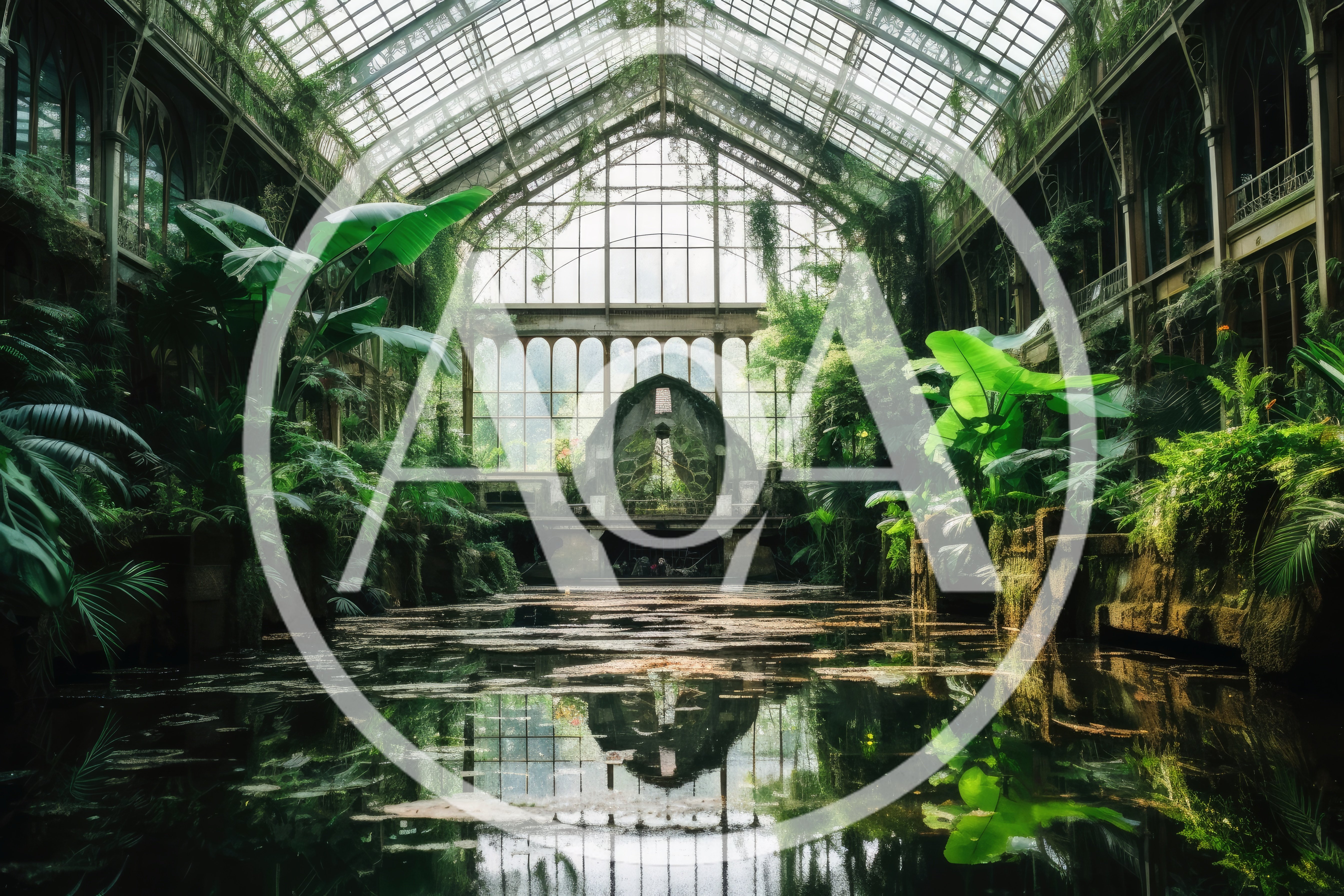 Abandoned Greenhouse With Overgrown Tropical Plants And Water