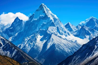 Majestic Snow Capped Mountain Peaks Under Clear Blue Sky