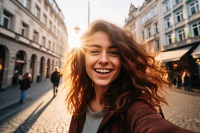 Young Woman Taking A Selfie On A Sunny Street
