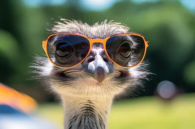 Close Up Portrait Of An Emu Wearing Sunglasses