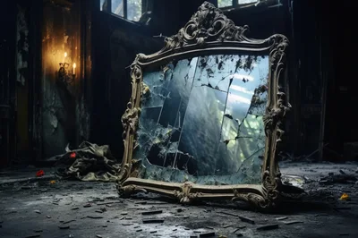Ornate Broken Antique Mirror In Abandoned Dark Room