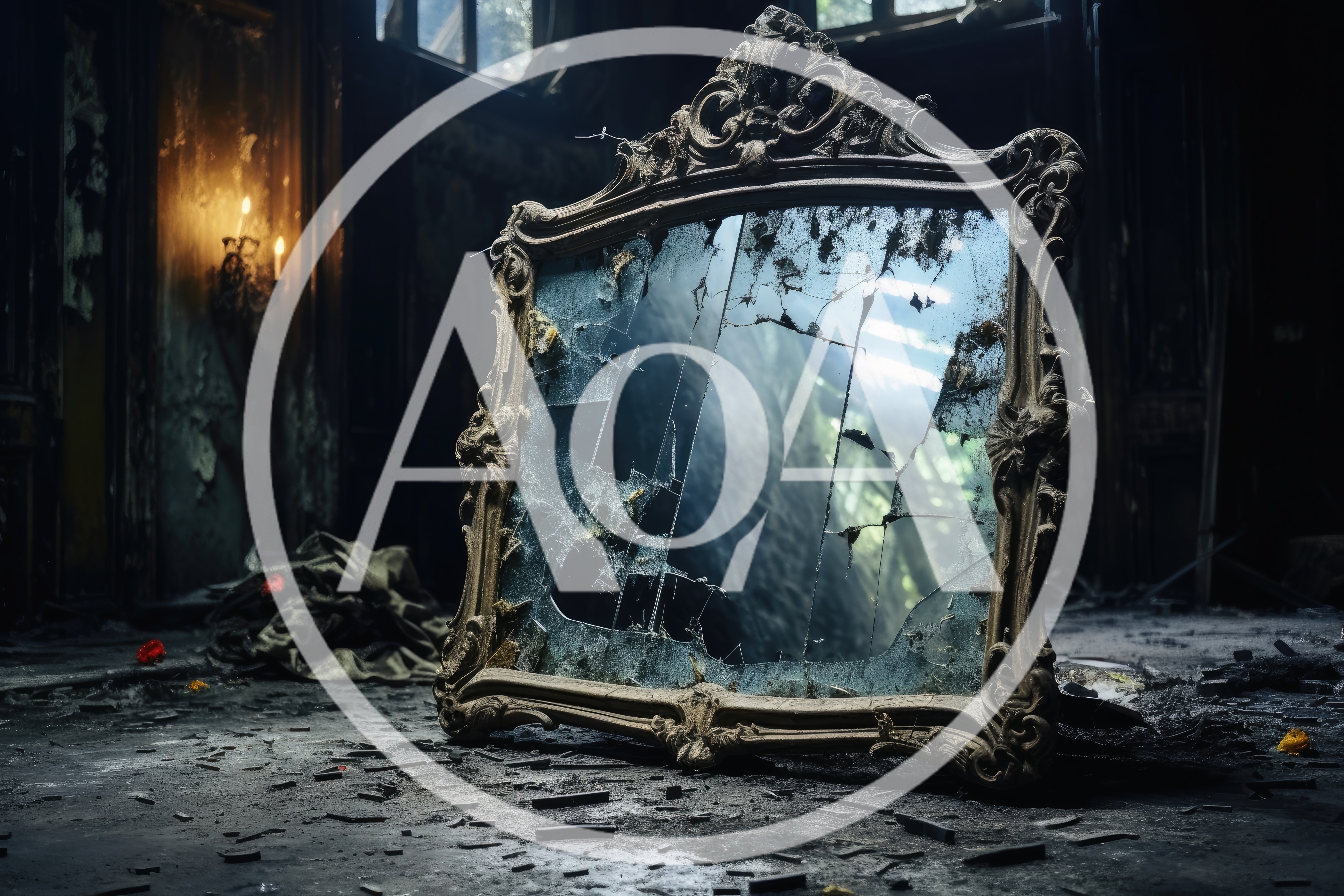 Ornate Broken Antique Mirror In Abandoned Dark Room