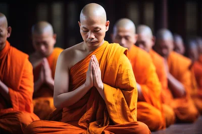 Buddhist Monks Meditating In Traditional Orange Robes