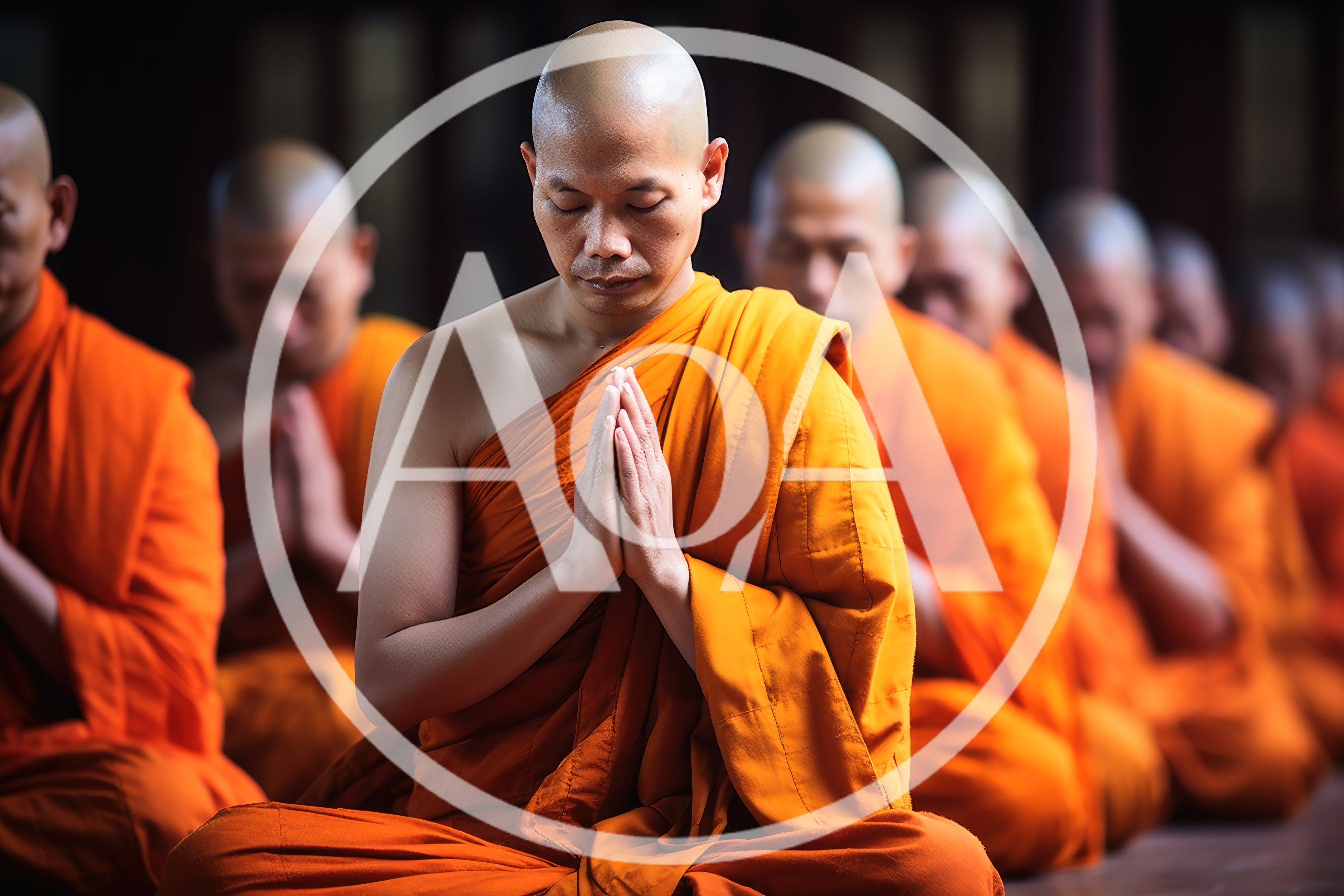 Buddhist Monks Meditating In Traditional Orange Robes