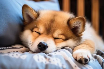 Sleeping Shiba Inu Puppy Resting On Soft Bedding