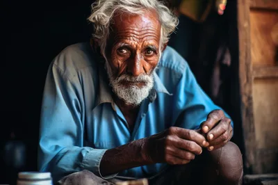 Elderly Man With Weathered Face Sitting In Dim Light