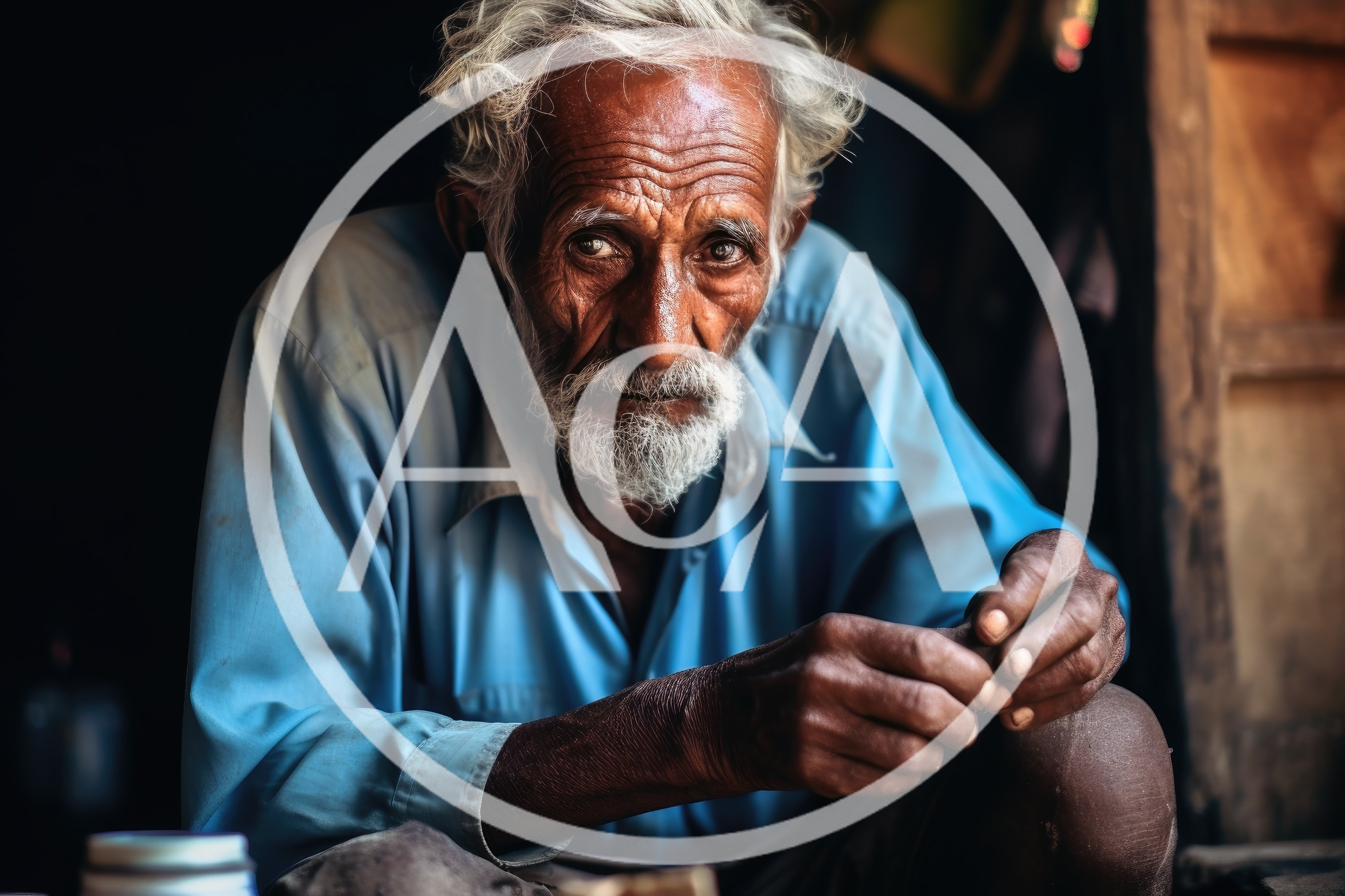 Elderly Man With Weathered Face Sitting In Dim Light