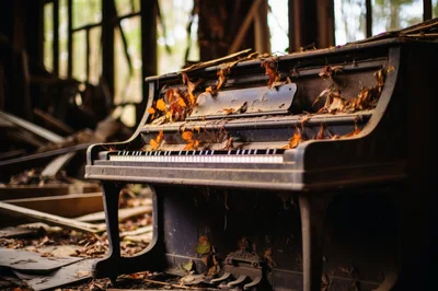 Abandoned Upright Piano In Dilapidated Wooden Building