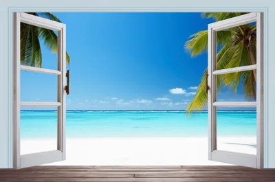 Open Window View Of Tropical Beach And Palm Trees