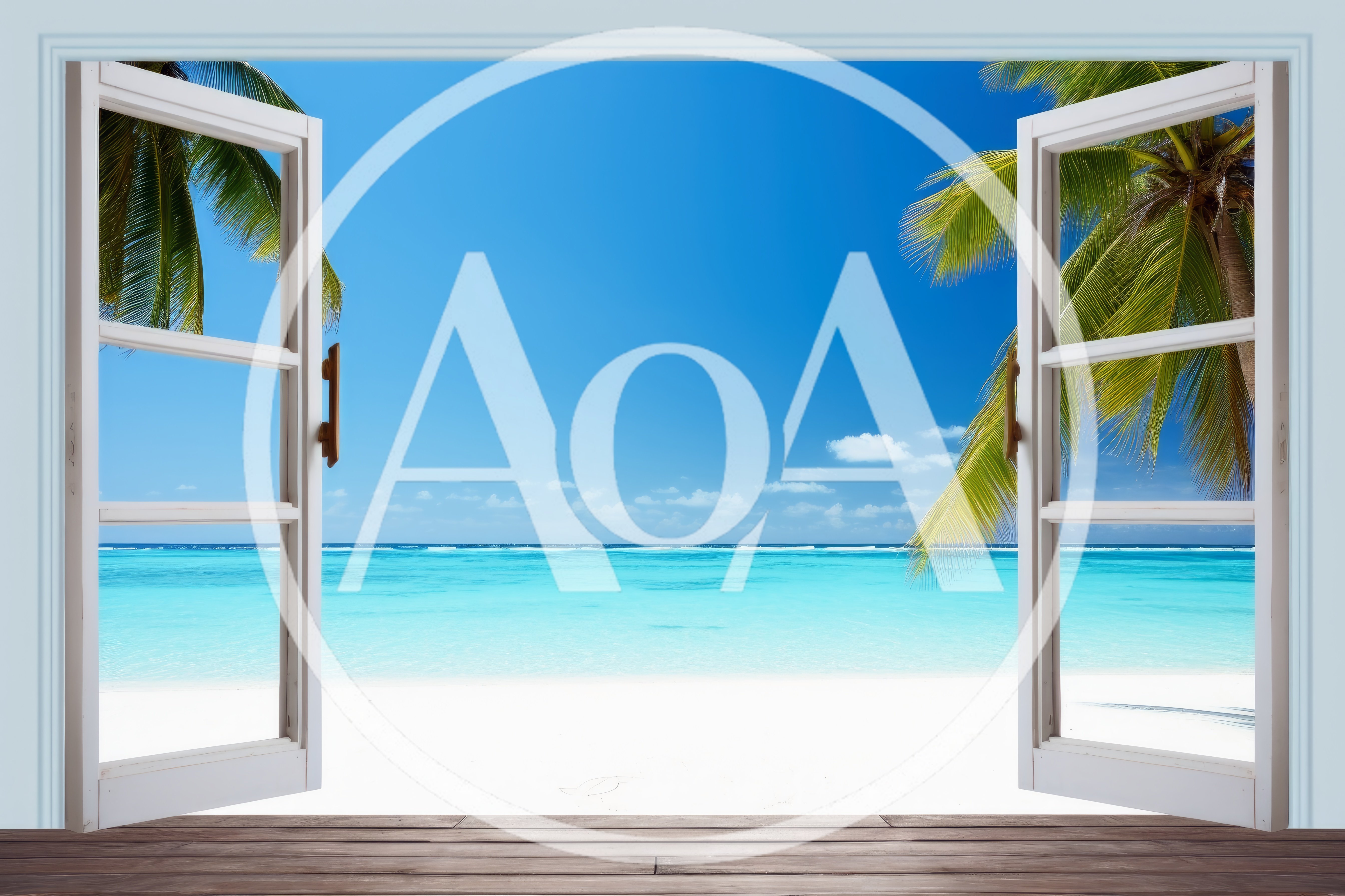 Open Window View Of Tropical Beach And Palm Trees
