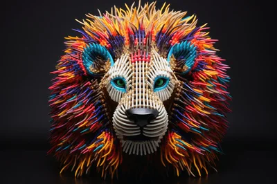 Abstract Lion Head Sculpture Made Of Colorful Plastic Spikes
