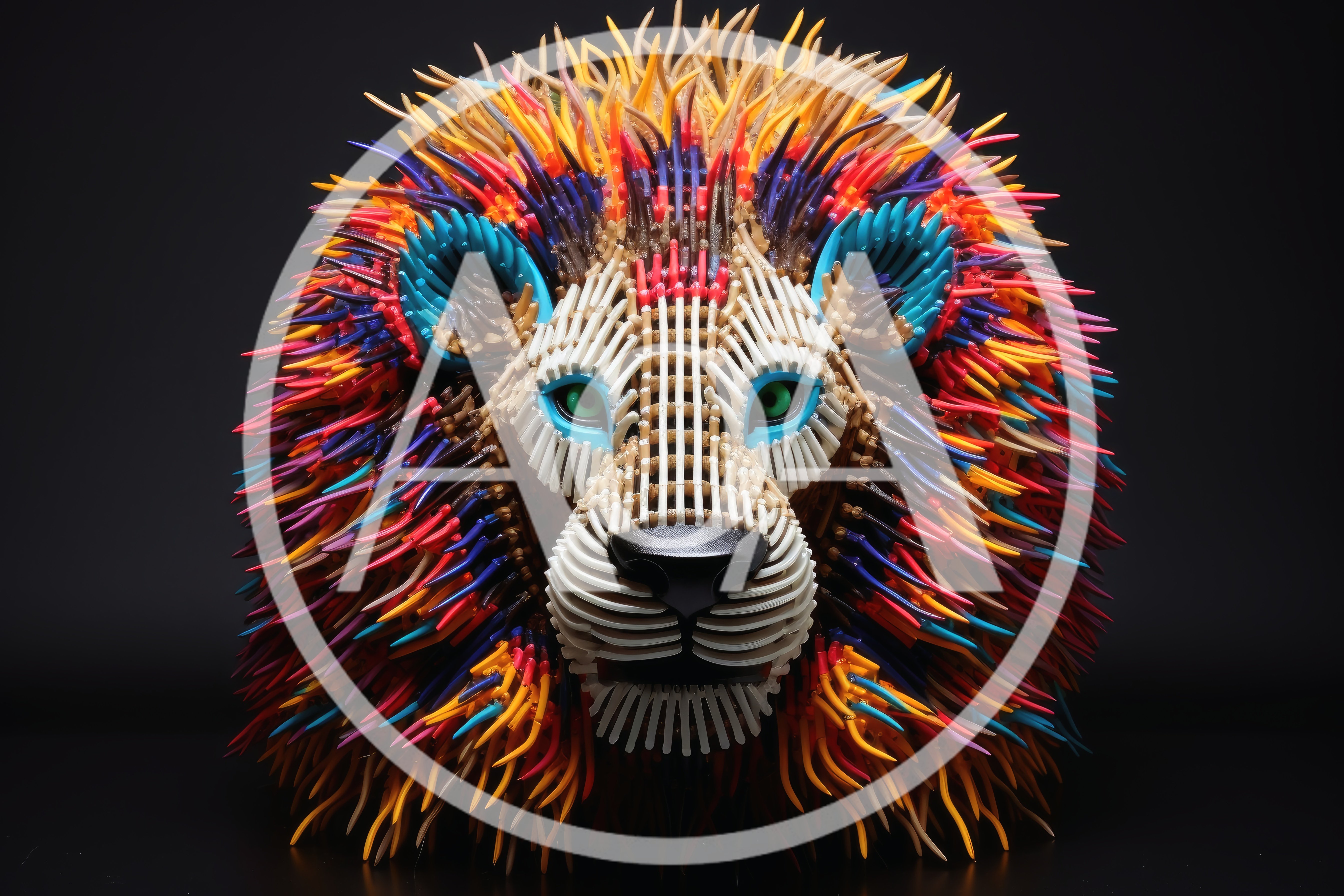 Abstract Lion Head Sculpture Made Of Colorful Plastic Spikes