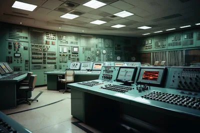 Retro Industrial Control Room With Vintage Monitoring Consoles