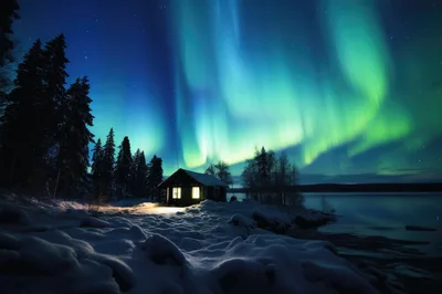 Small Wooden Cabin Under Vibrant Aurora Borealis