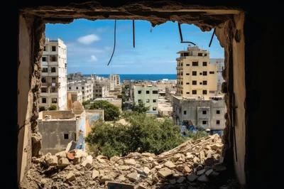 View Through A Ruined Window Of A War Torn City
