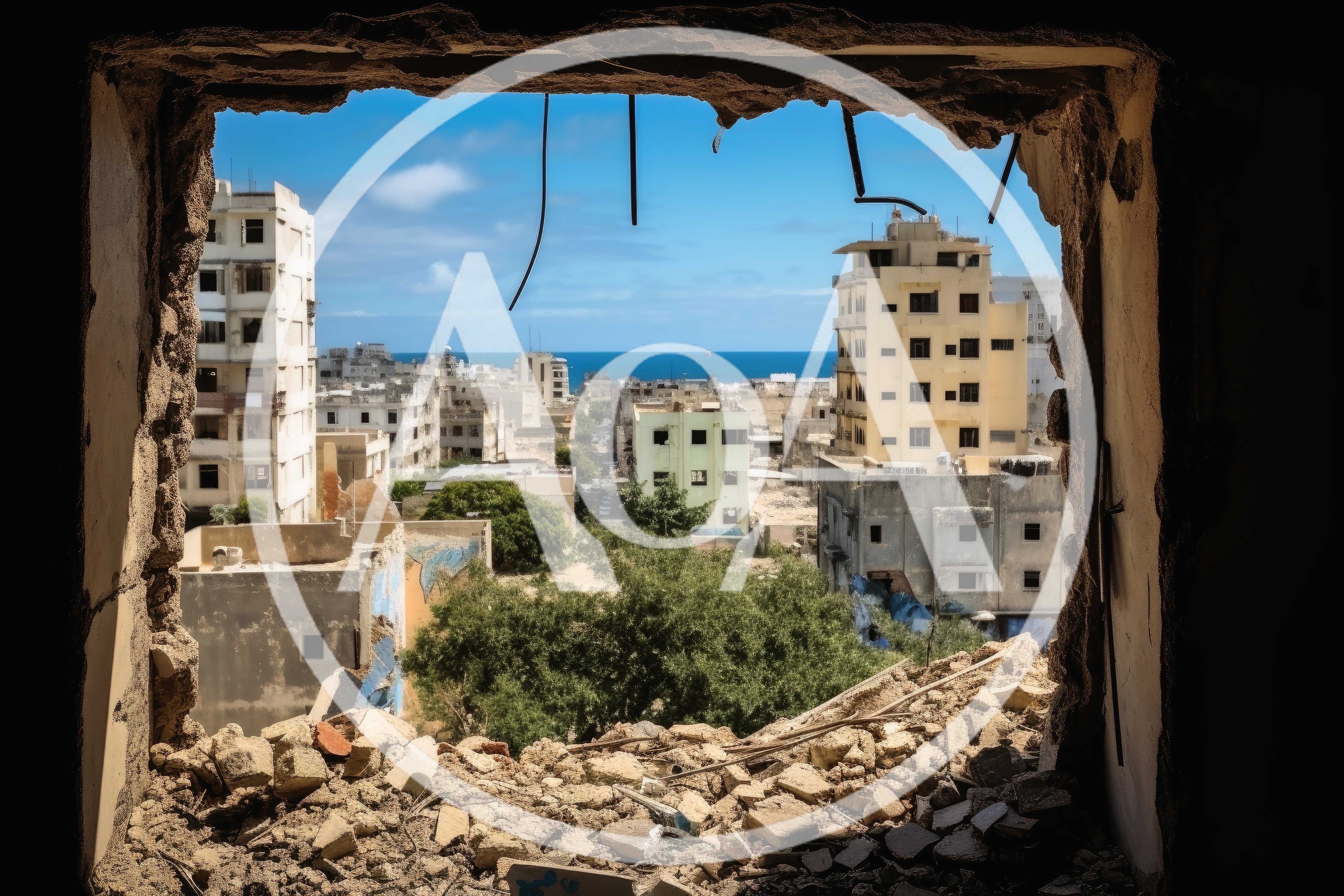 View Through A Ruined Window Of A War Torn City