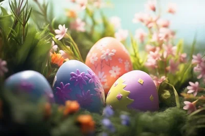 Easter Eggs Nestled Among Spring Flowers and Grass
