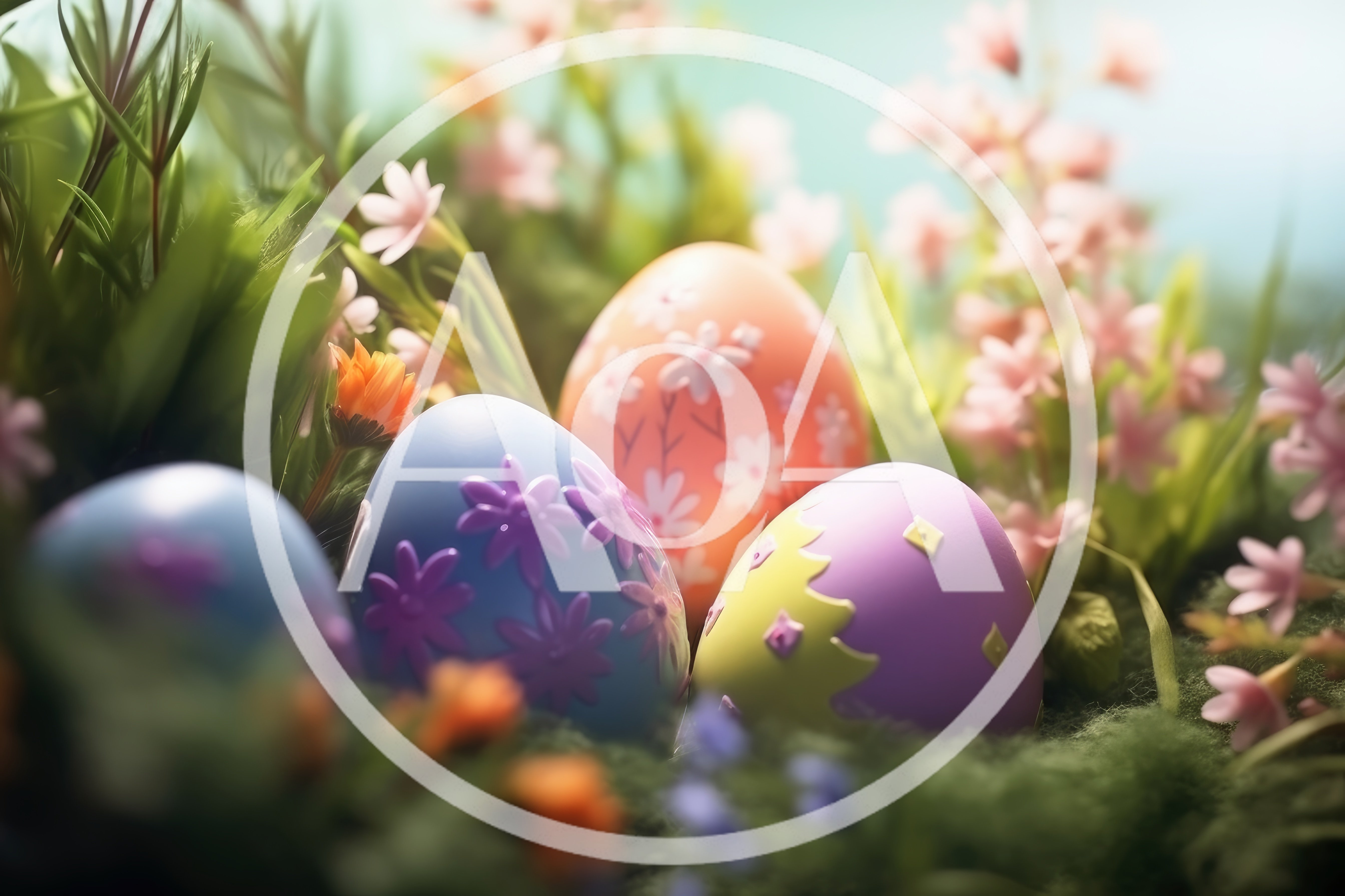Easter Eggs Nestled Among Spring Flowers and Grass